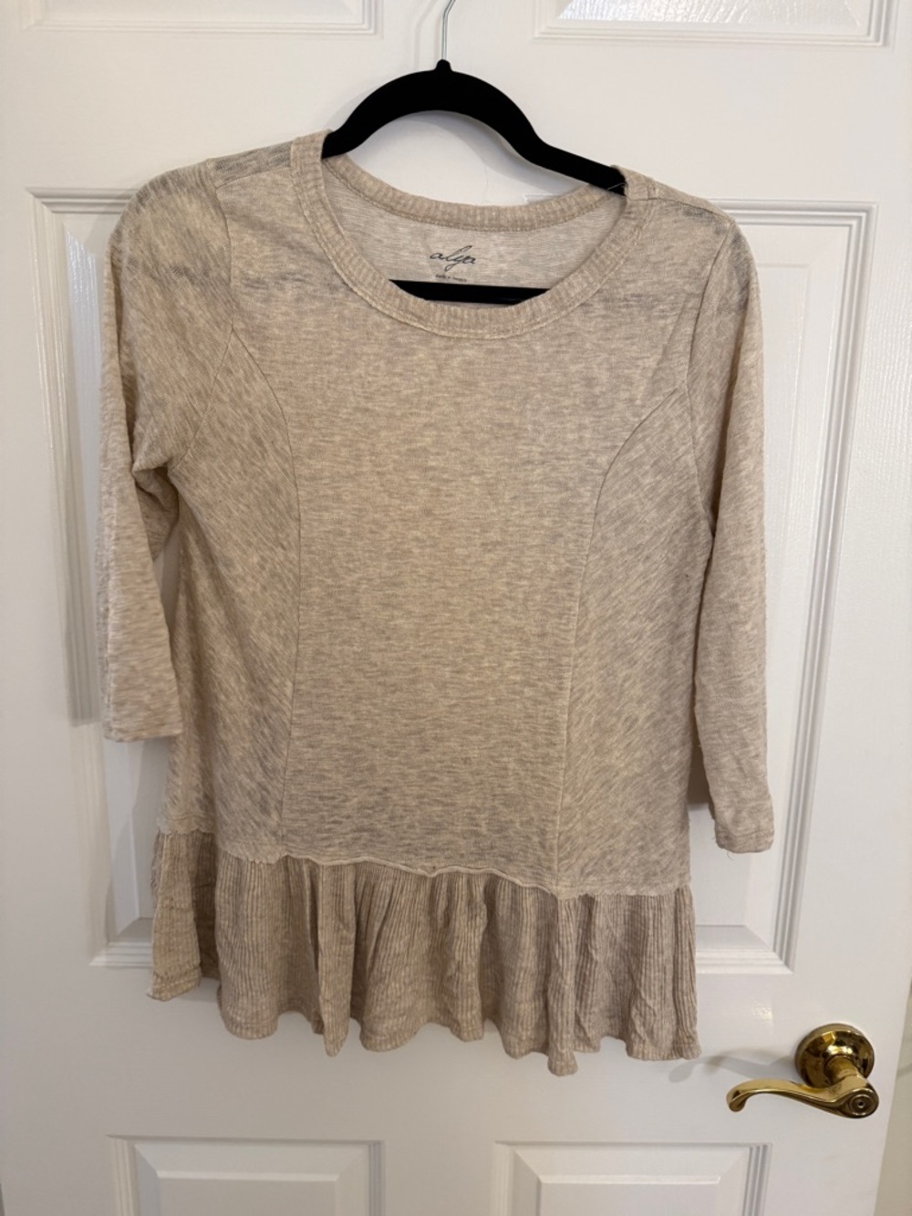 Alya Beige Ruffle-Hem 3/4 Sleeve Top